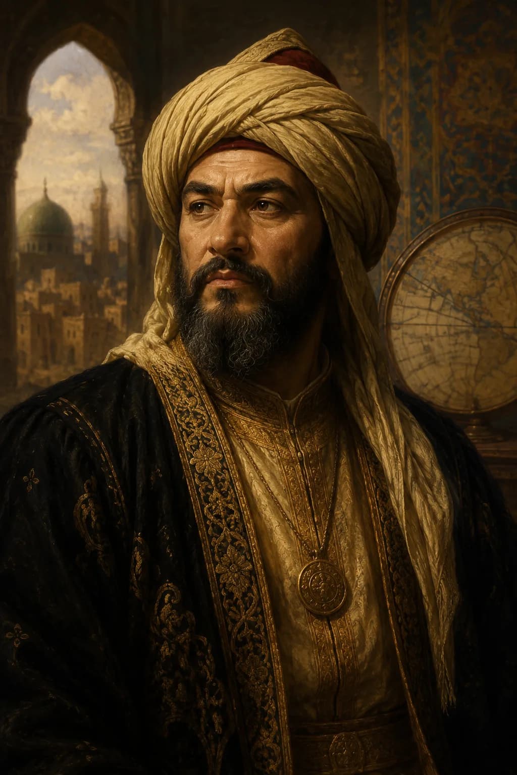 AI-generated portrait of al-Mansur in Abbasid court dress with Baghdad in the background
