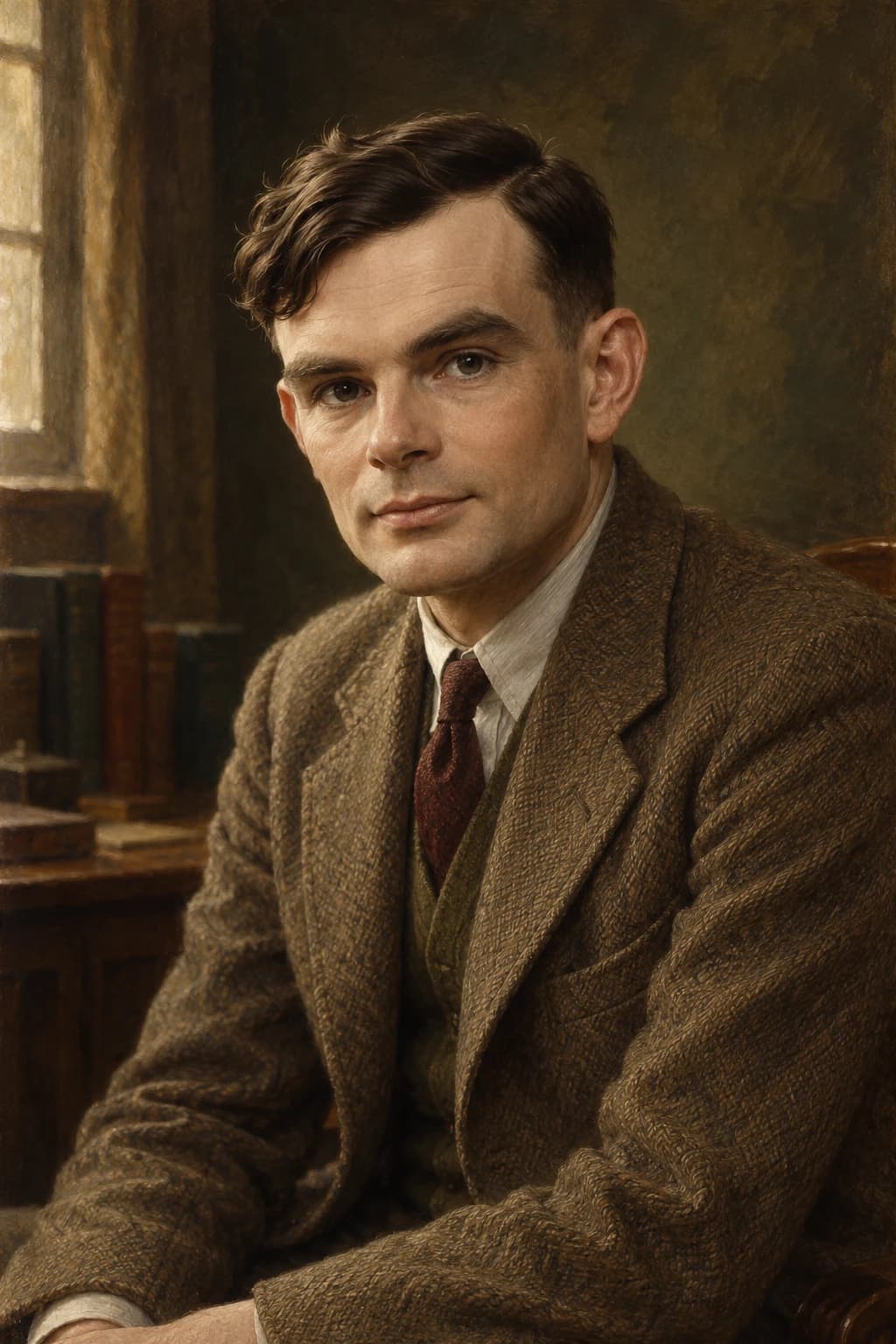 AI-generated portrait of Alan Turing in 1940s civilian clothing; an illustrative historical reconstruction, not a documentary likeness