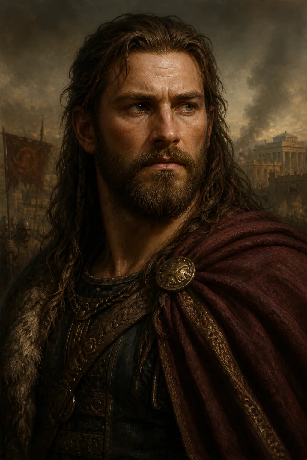 AI-generated portrait of Alaric in martial dress before a late Roman city under smoke