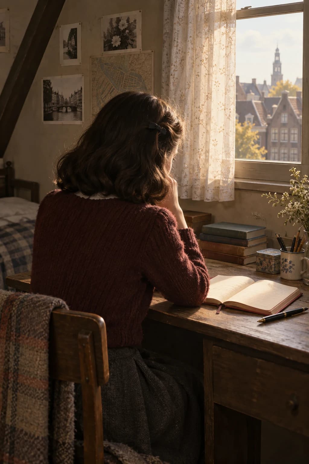 AI-assisted non-likeness reconstruction of a teenage girl writing in a 1940s Amsterdam annex