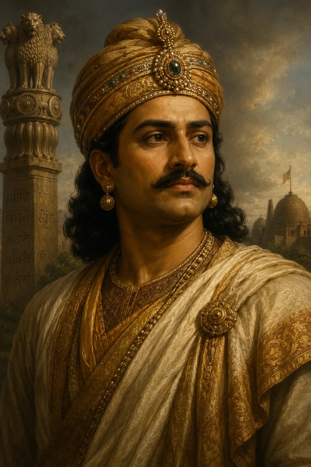 AI-generated portrait of Emperor Ashoka in ancient Indian royal attire