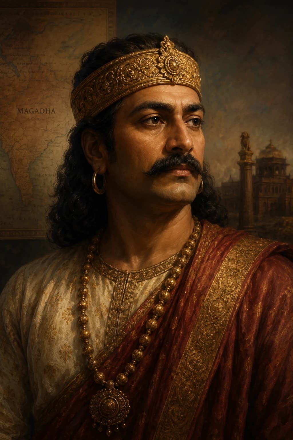 AI-generated portrait of Bindusara in Mauryan imperial attire