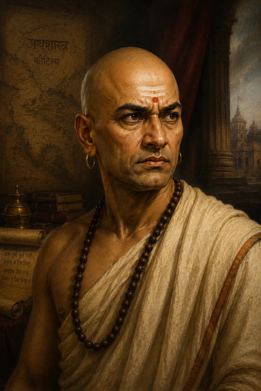 AI-generated portrait of Chanakya in ancient Indian scholarly robes