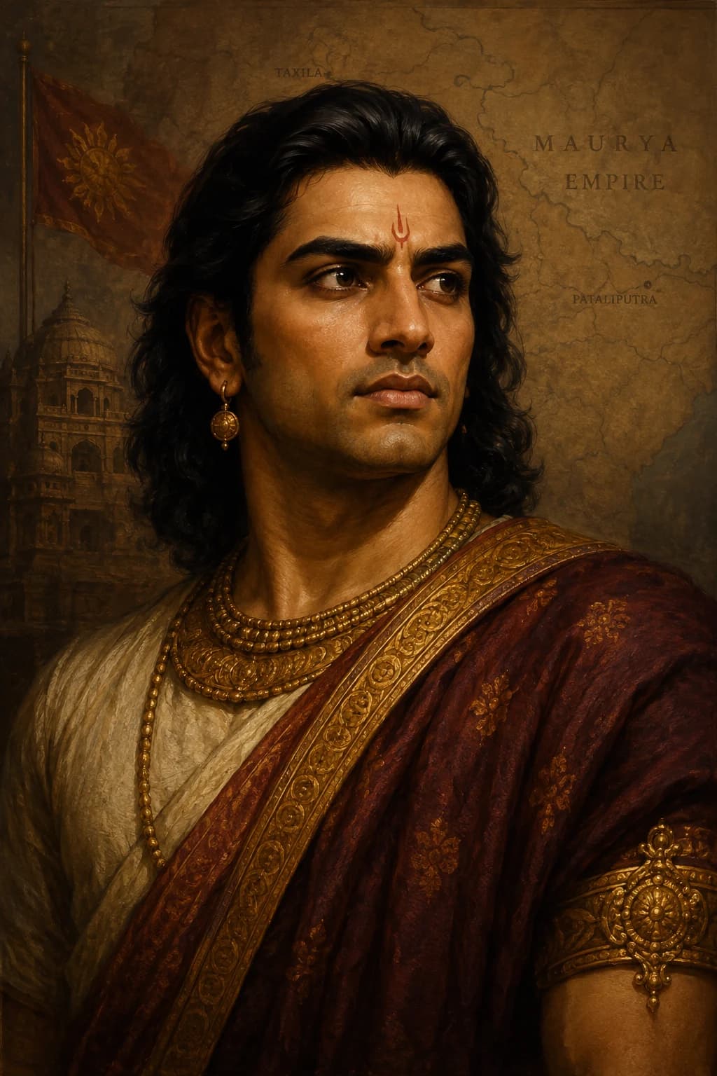 AI-generated portrait of Chandragupta Maurya in ancient Indian royal attire