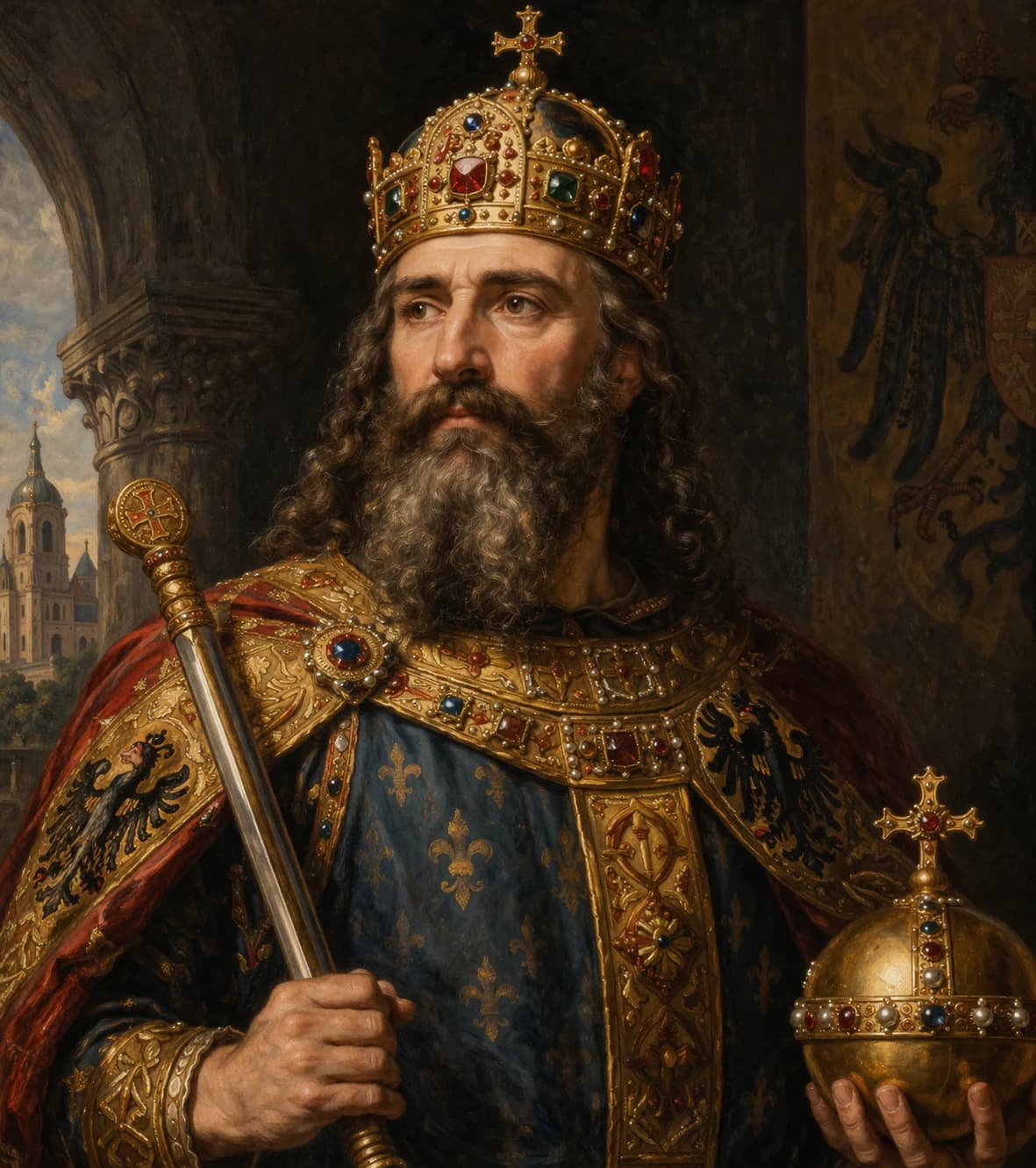 AI-generated portrait of Charlemagne in imperial coronation robes