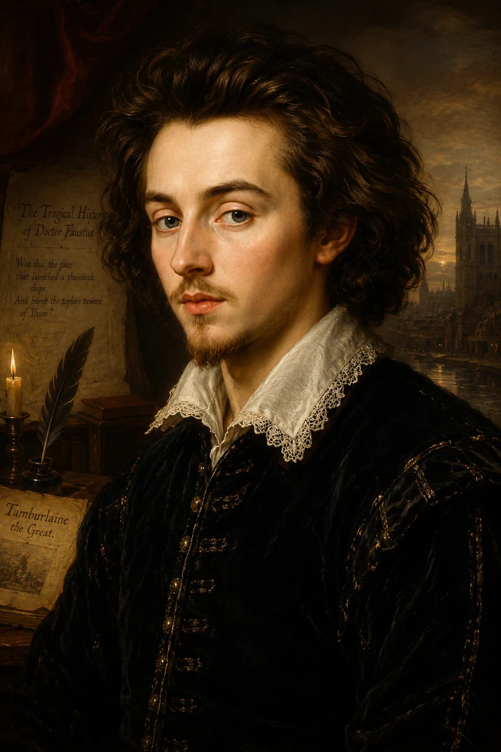 AI-generated portrait of Christopher Marlowe in Elizabethan dress