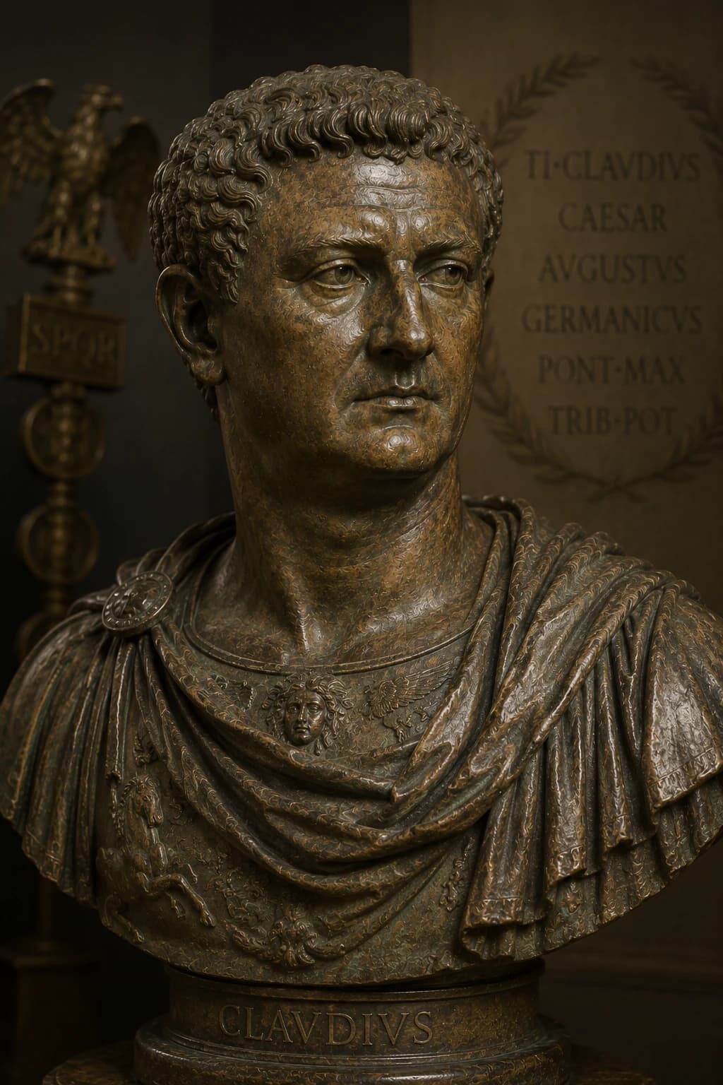 AI-generated portrait of Claudius in Roman imperial military attire