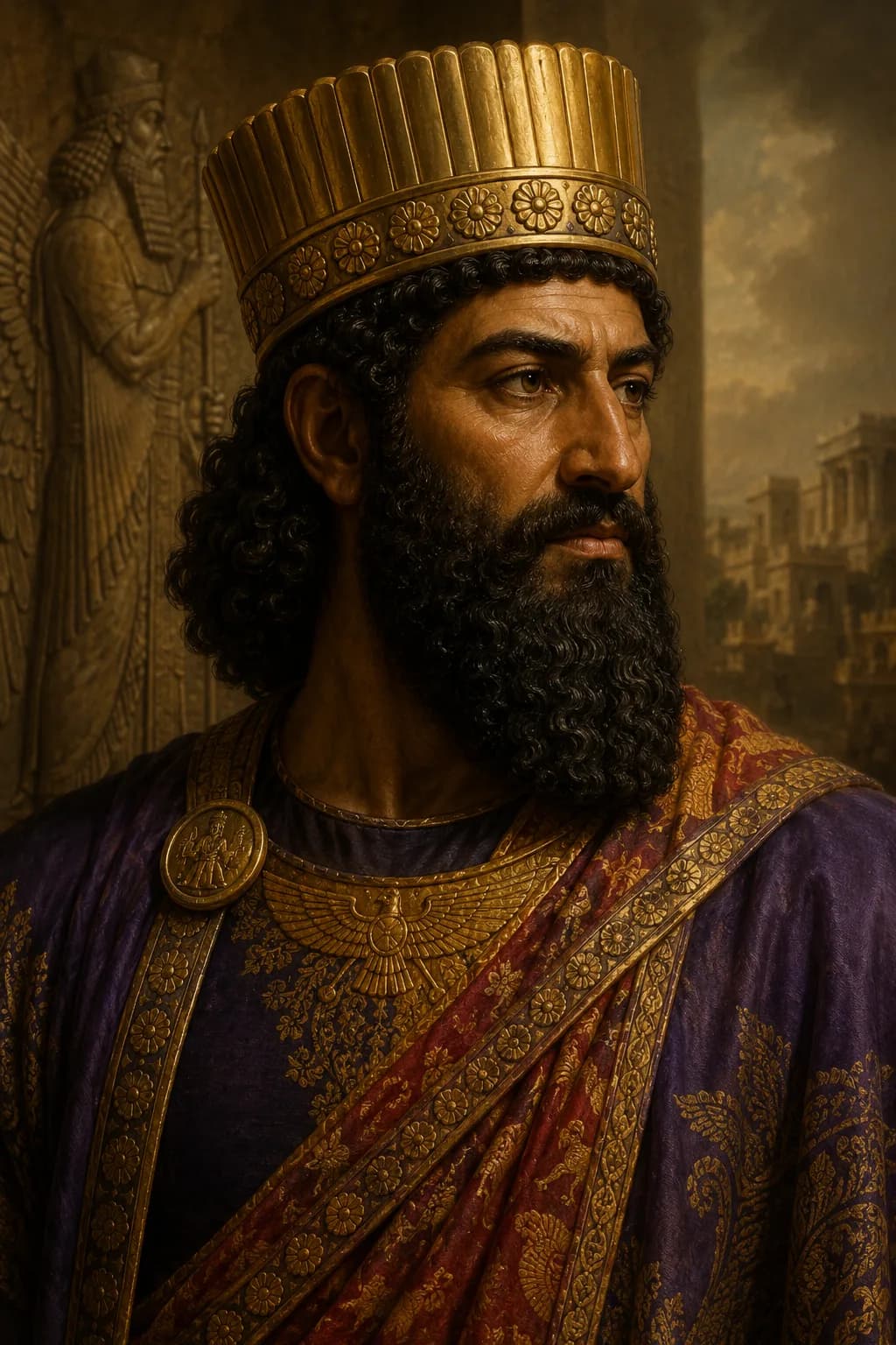 AI-generated portrait of Darius I in Achaemenid royal dress
