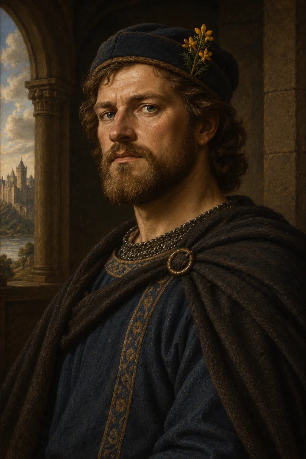 AI-generated portrait of Geoffrey of Anjou in period clothing; an interpretive reconstruction, not a documented likeness