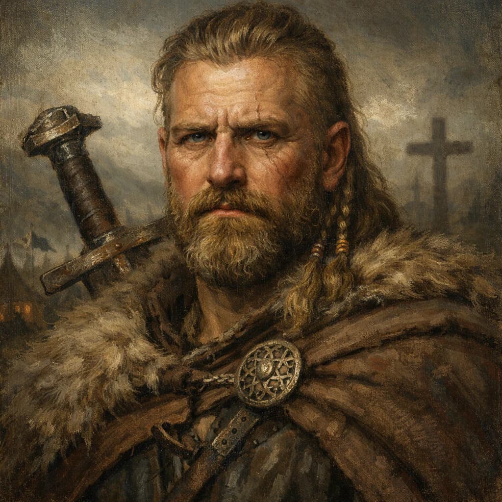 AI-generated portrait of Guthrum in Viking warrior attire
