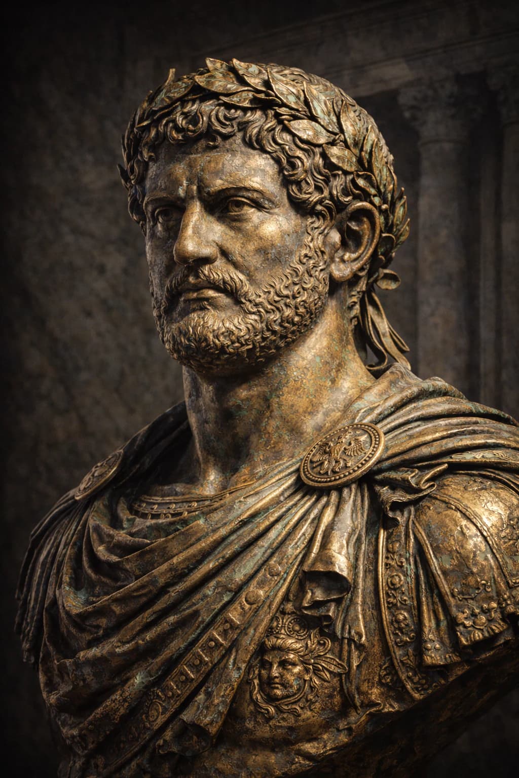 AI-generated portrait of Hadrian in Roman imperial armour