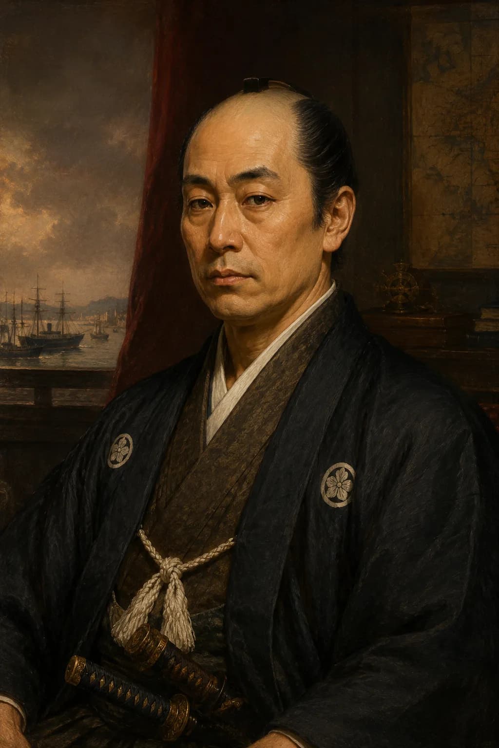 AI-generated portrait of Ii Naosuke in formal Japanese dress