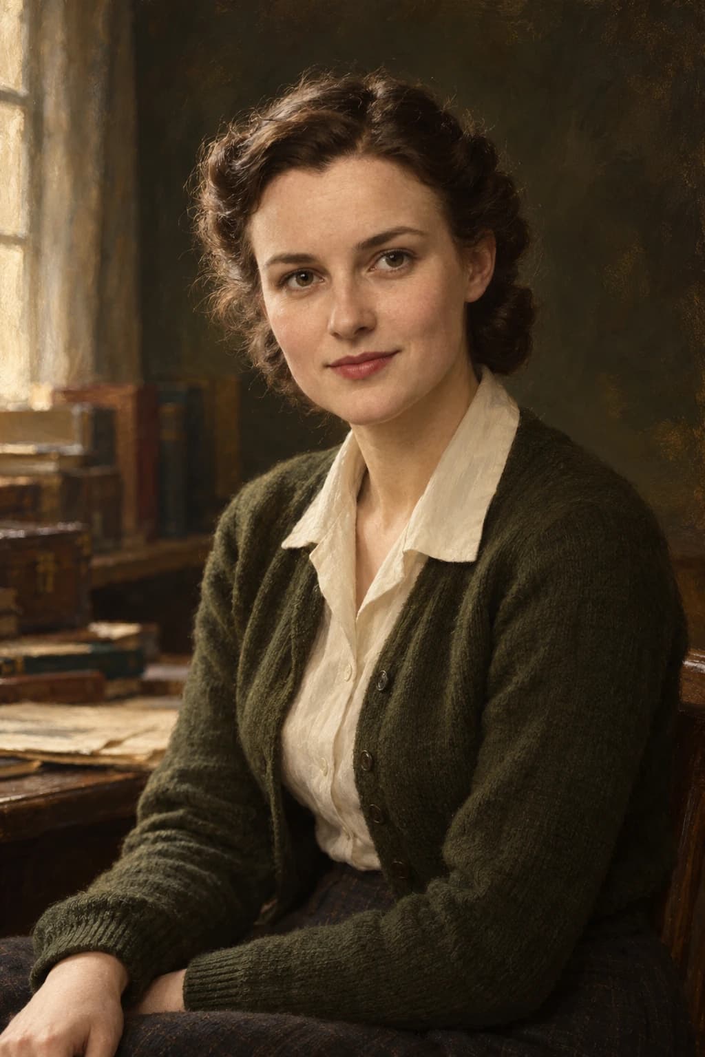 AI-generated portrait of Joan Clarke in 1940s civilian clothing; an illustrative historical reconstruction, not a documentary likeness