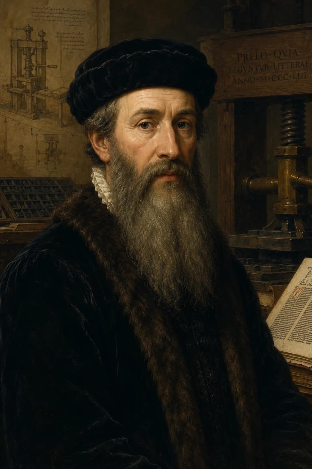 AI-generated portrait of Johannes Gutenberg with a printing press and movable type