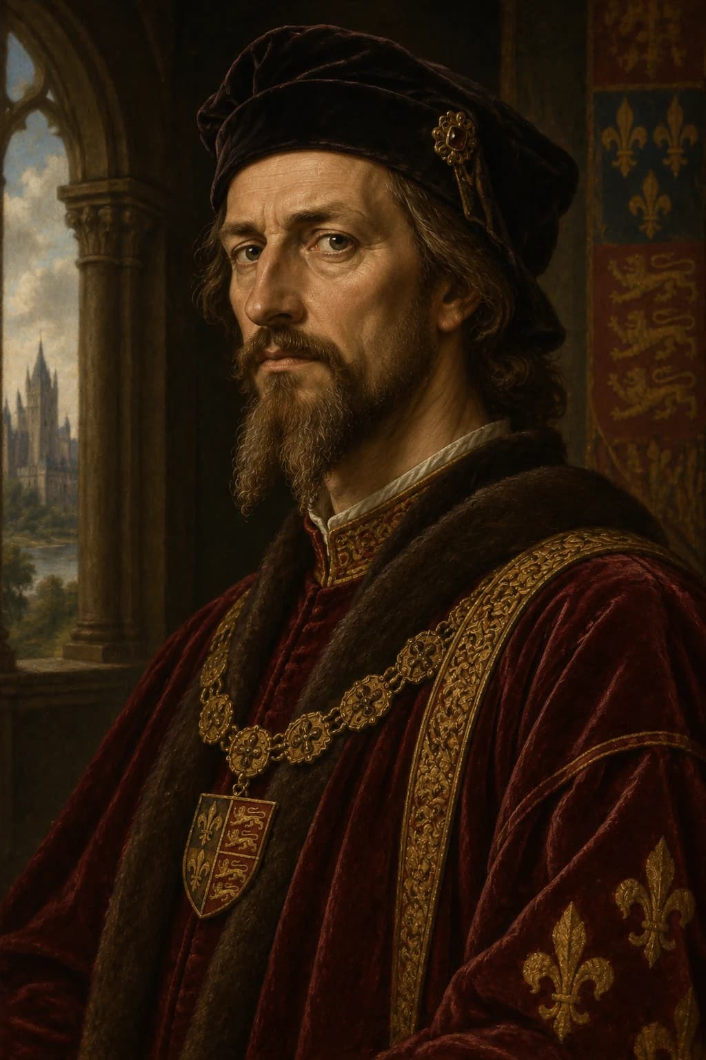 AI-generated portrait of John of Gaunt in period clothing; an interpretive reconstruction, not a documented likeness