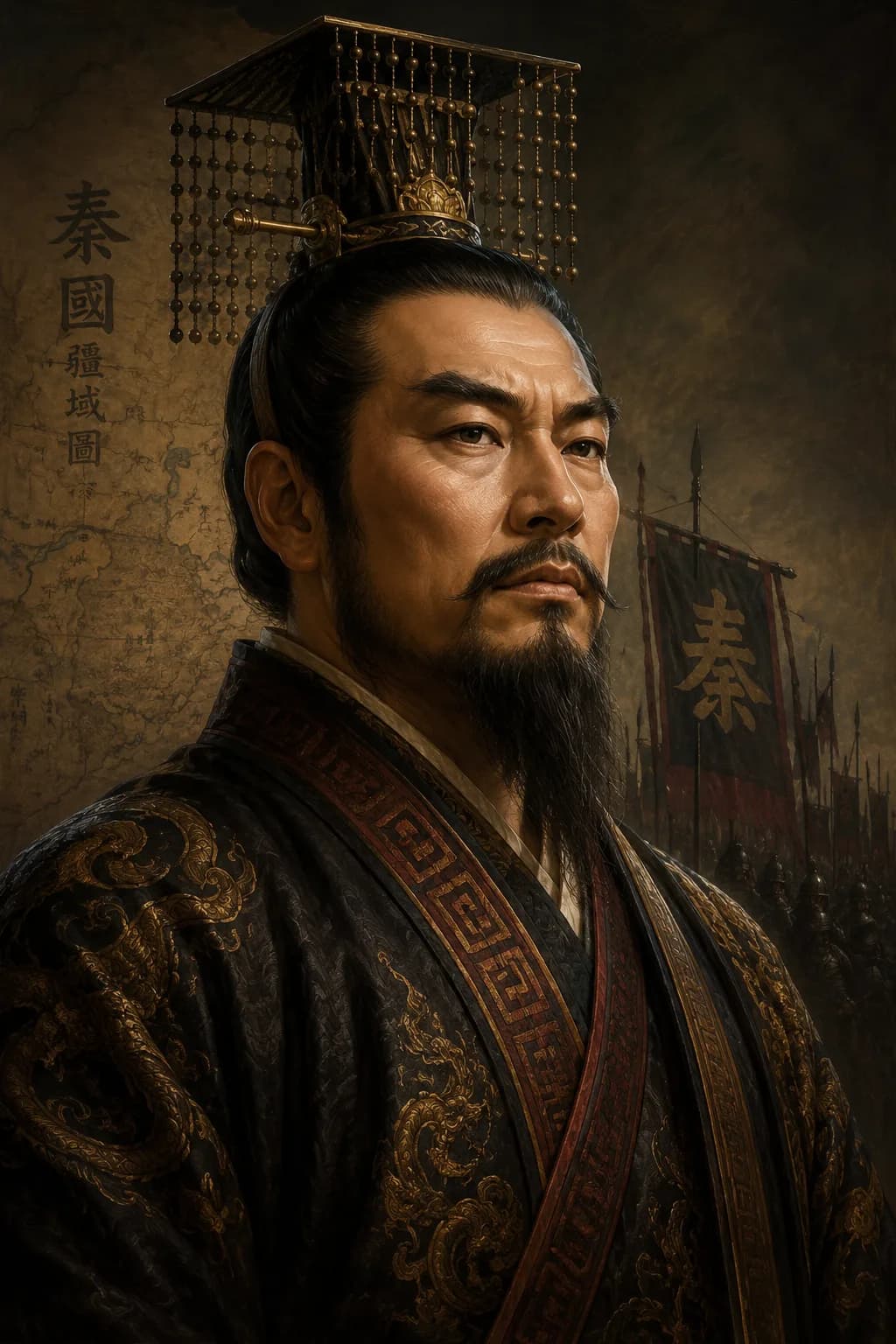 AI-generated portrait of King Zheng of Qin in ancient Chinese imperial attire