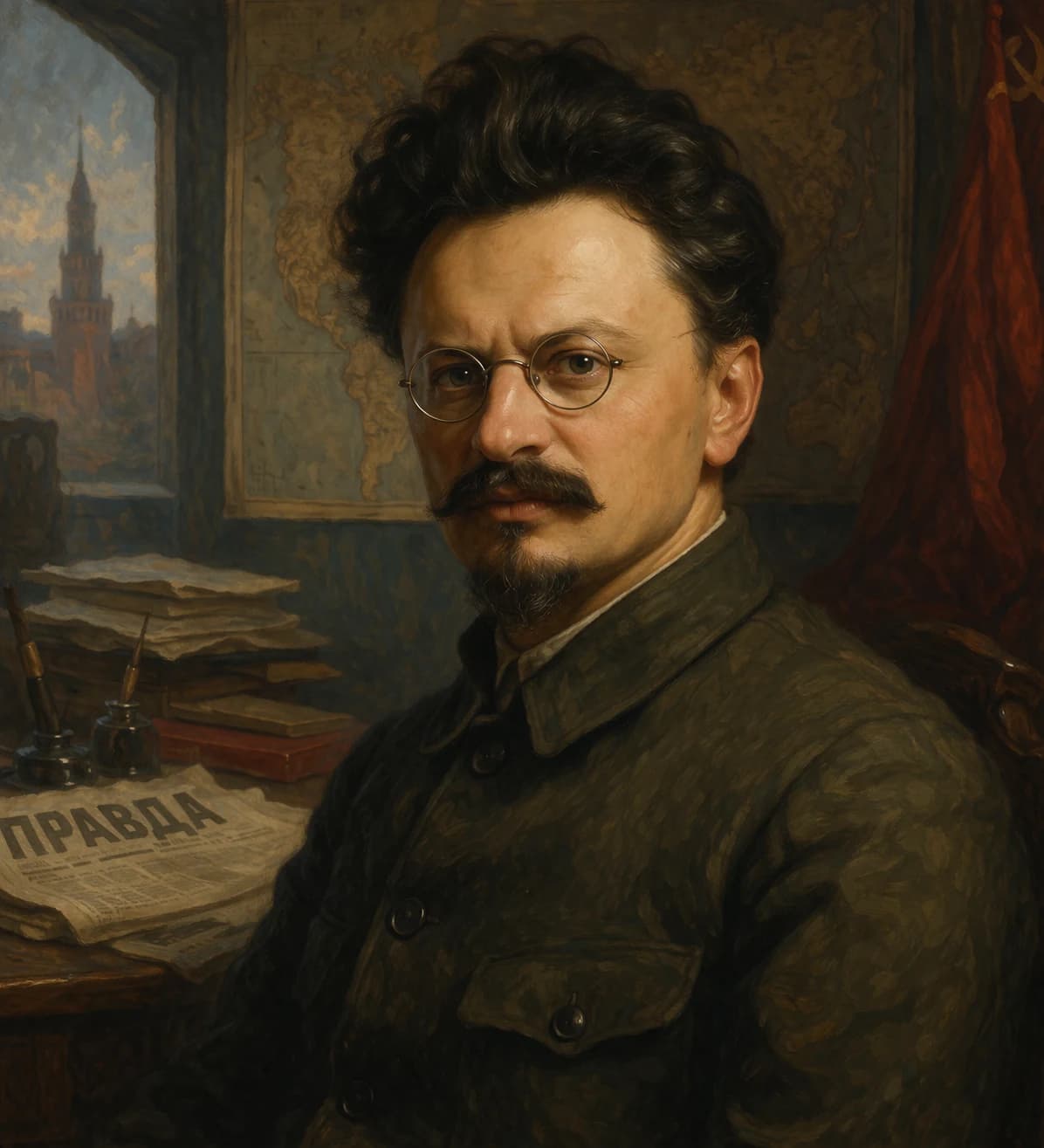 AI-generated portrait of Leon Trotsky in revolutionary attire