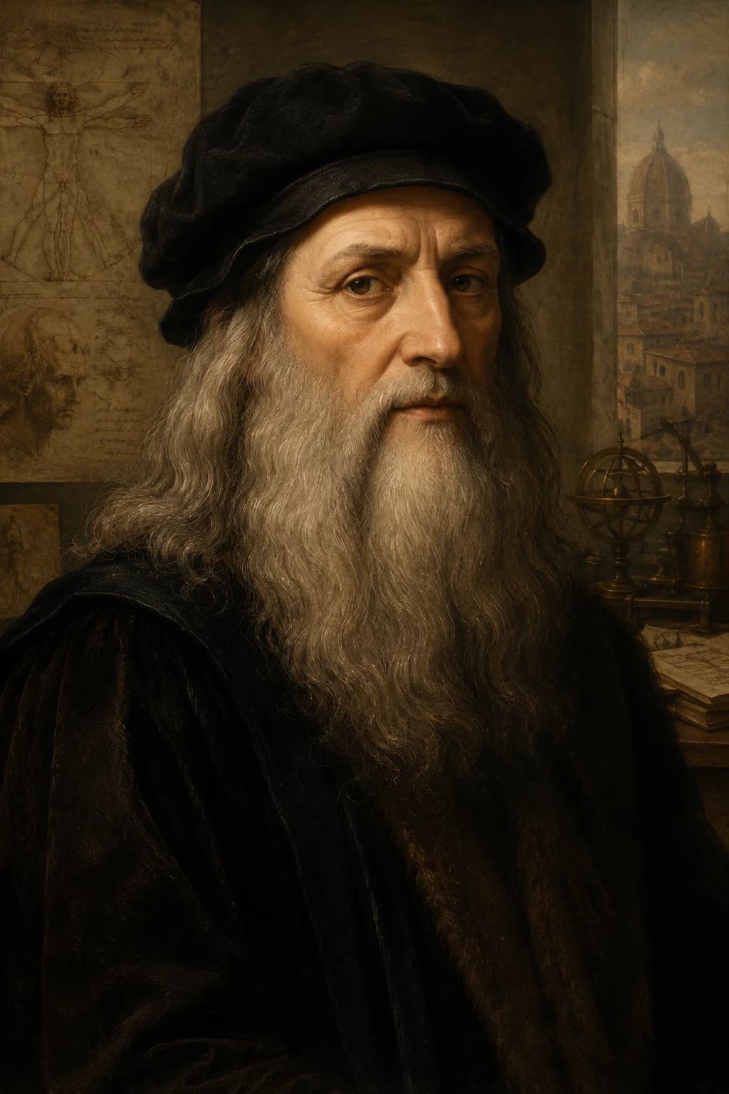 AI-generated portrait of Leonardo da Vinci with anatomical sketches and scientific instruments