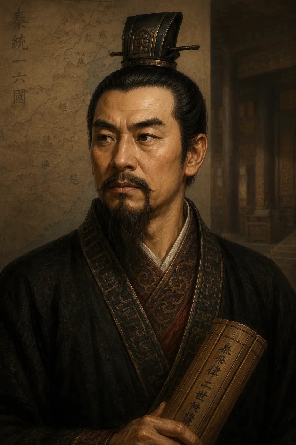 AI-generated portrait of Li Si in Qin official robes holding bamboo documents