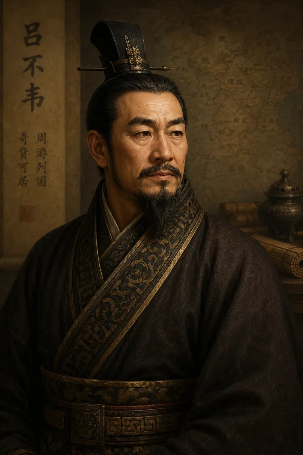 AI-generated portrait of Lu Buwei in Qin court robes with maps and bamboo records
