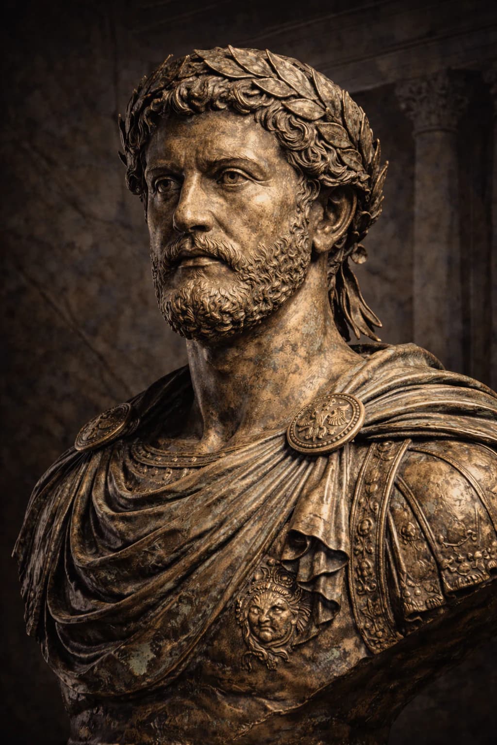 AI-generated portrait of Marcus Aurelius in Roman imperial attire