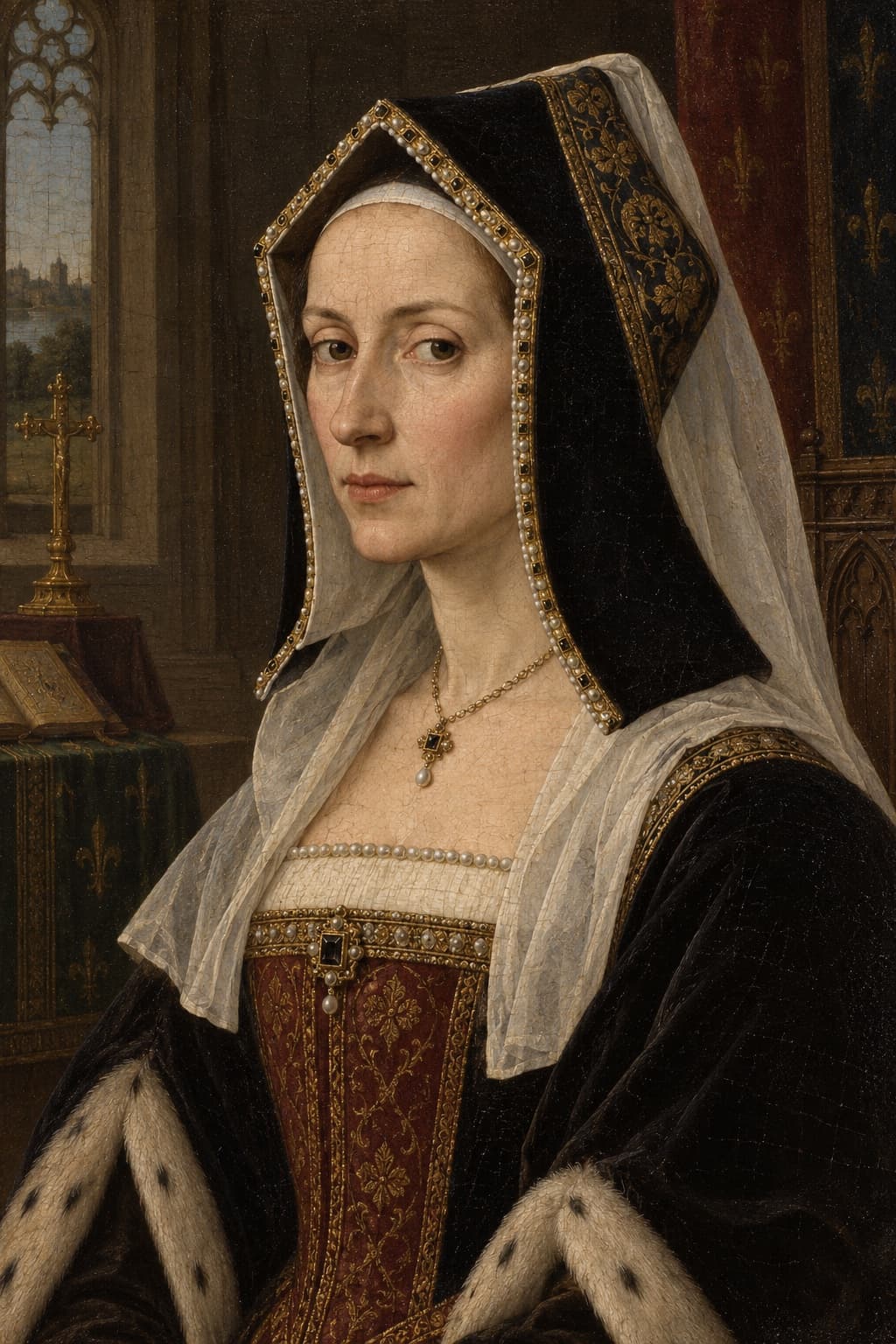 AI-generated late-medieval panel portrait of Margaret Beaufort