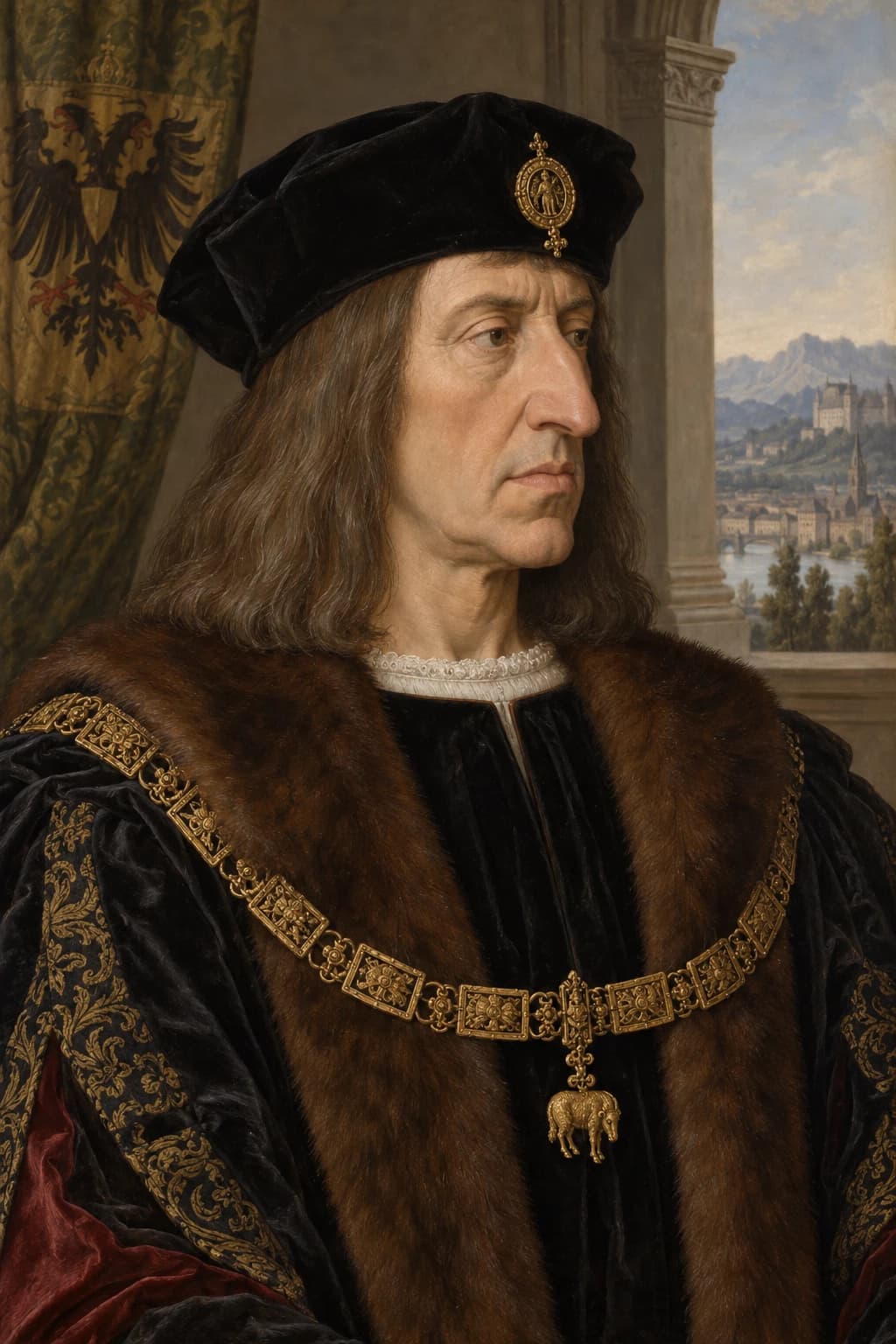 AI-generated portrait of Maximilian I in period clothing; an illustrative historical reconstruction, not a documentary likeness