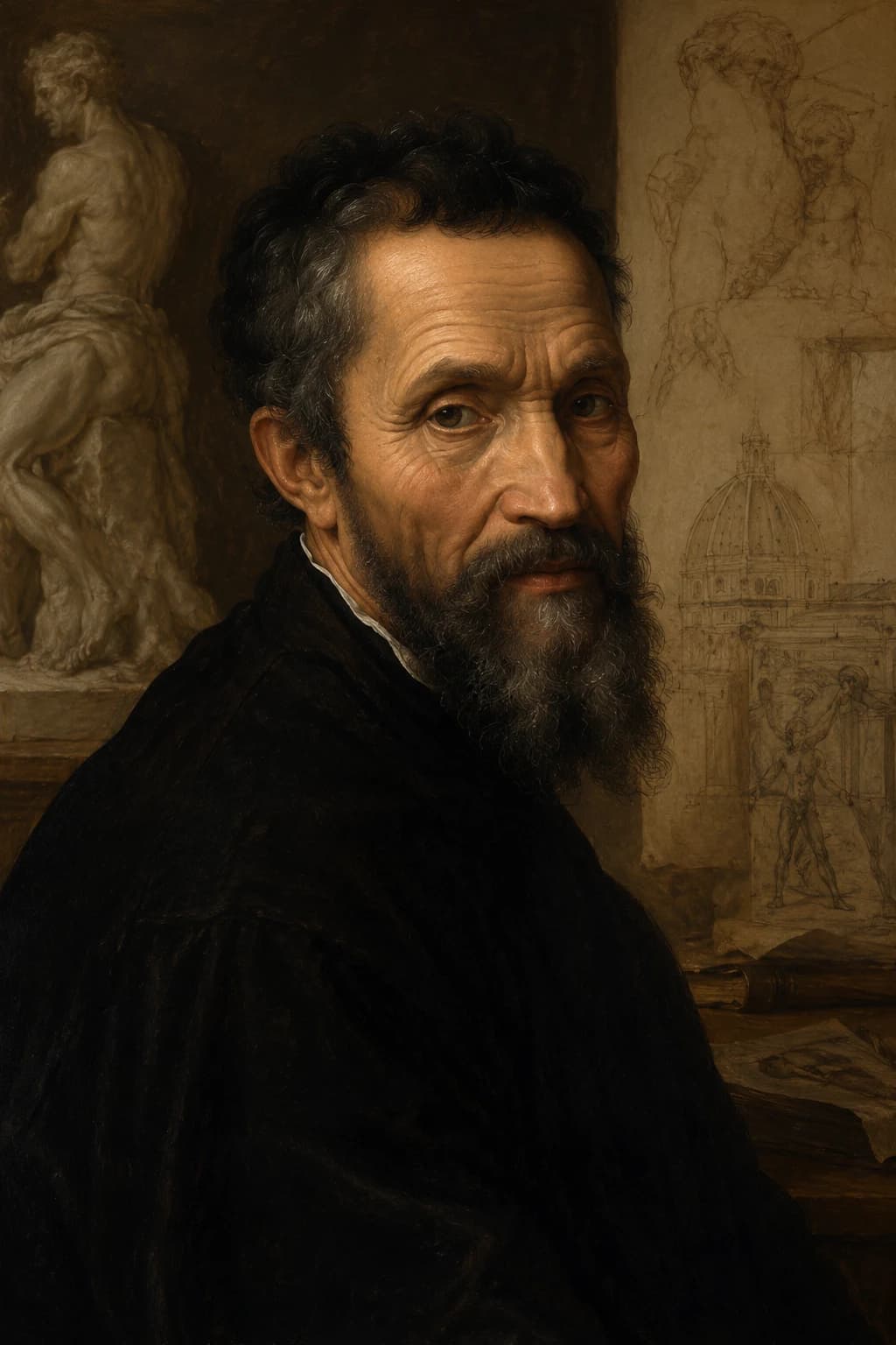 AI-generated portrait of Michelangelo with sculpture and architectural drawings