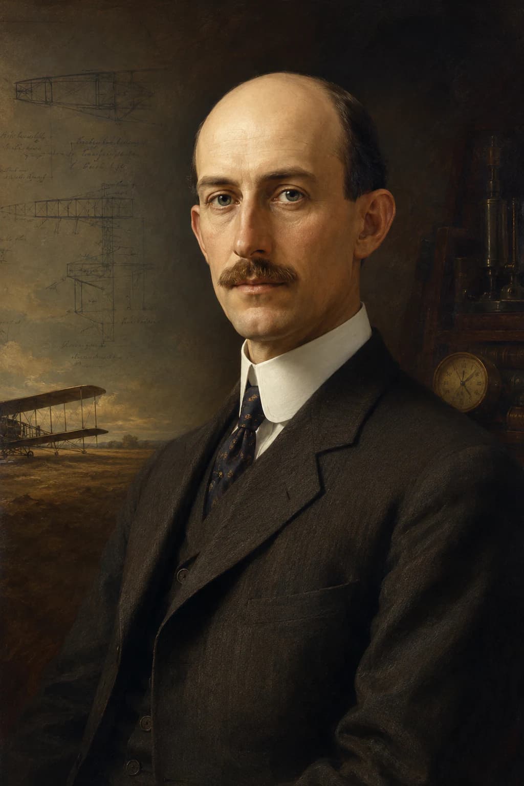 AI-generated portrait of Orville Wright with early aviation designs