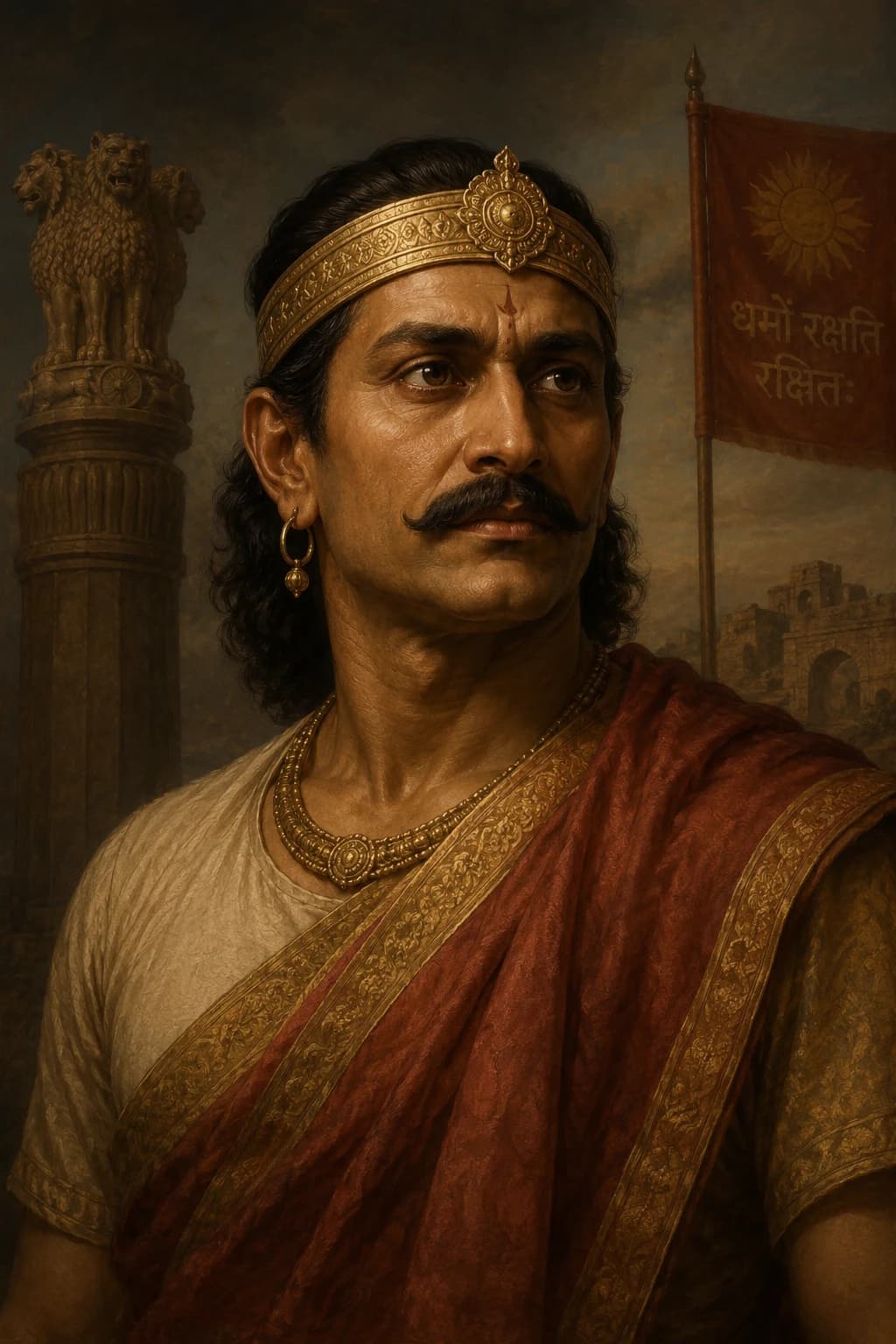 AI-generated portrait of Pushyamitra Shunga in ancient Indian royal attire