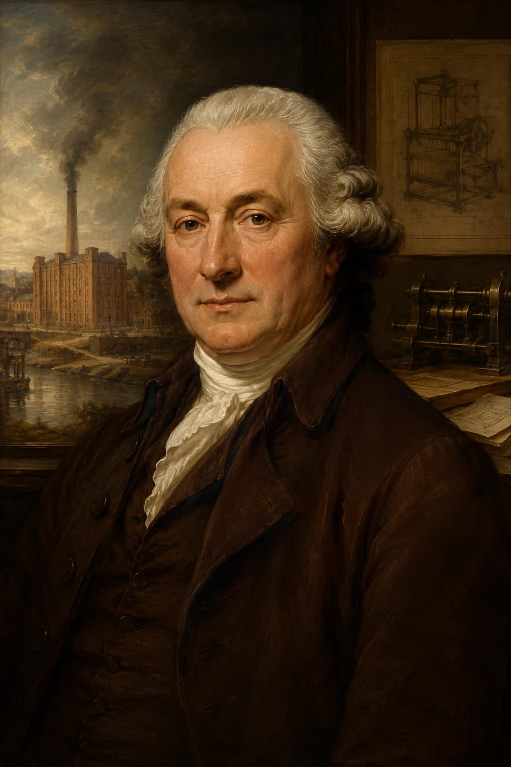 AI-generated portrait of Richard Arkwright with textile machinery and a mill in the background