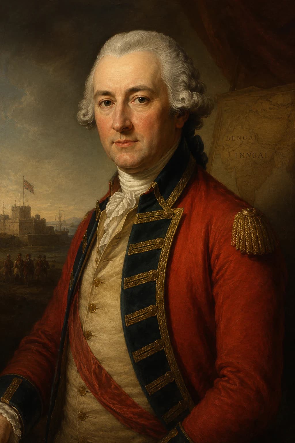 AI-generated portrait of Robert Clive in eighteenth-century British military dress