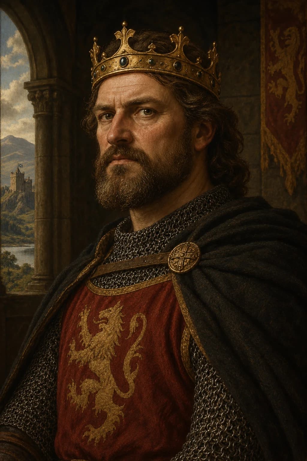 AI-generated portrait of Robert the Bruce in period clothing; an interpretive reconstruction, not a documented likeness