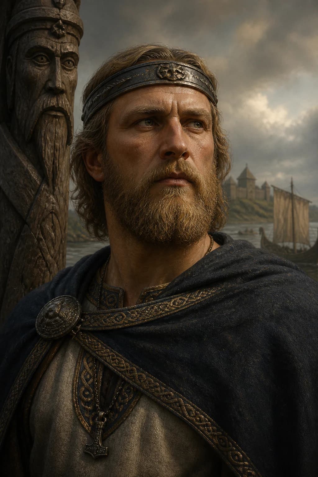 AI-generated portrait of Rurik in Varangian attire beside river craft