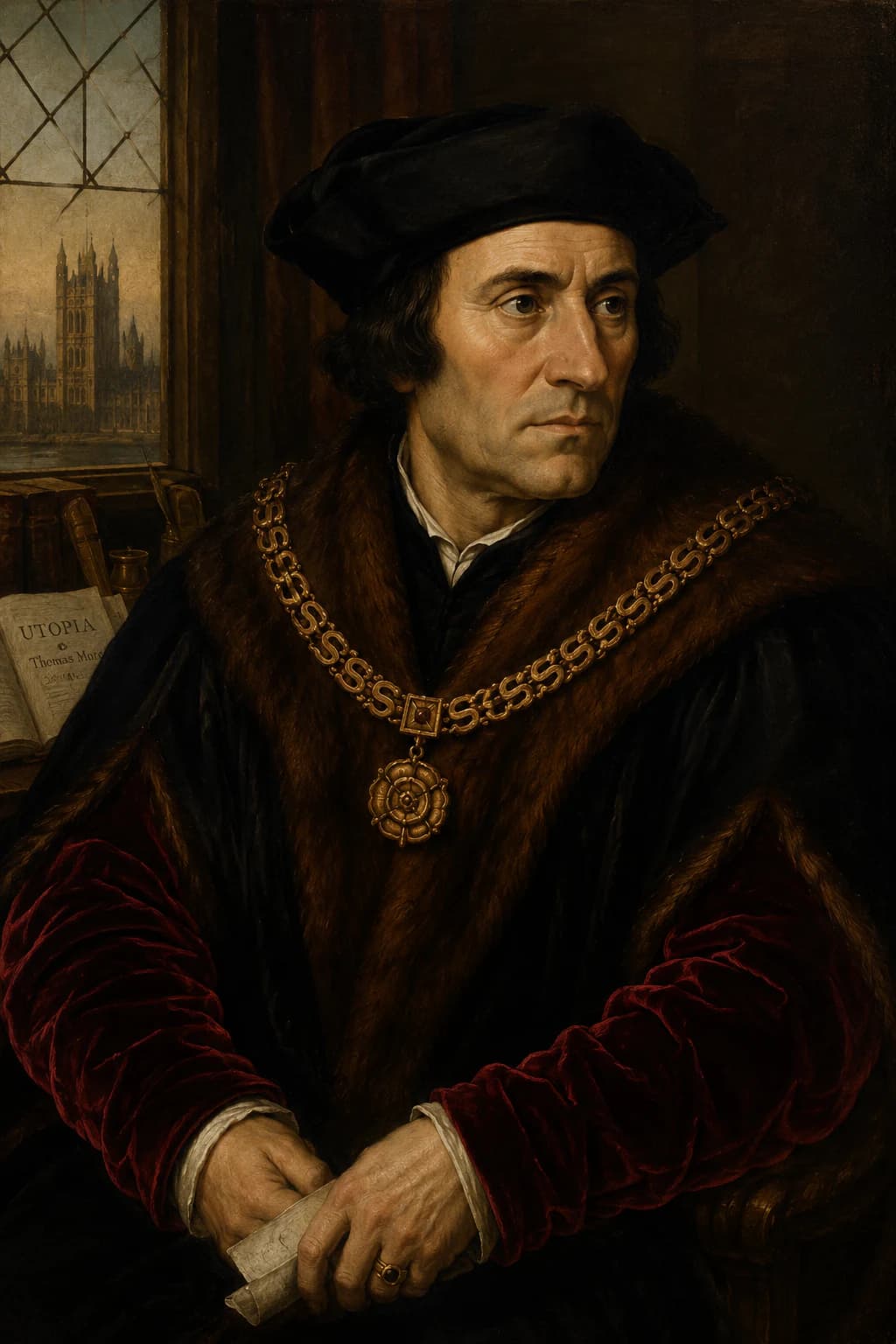 AI-generated portrait of Sir Thomas More in Tudor official dress