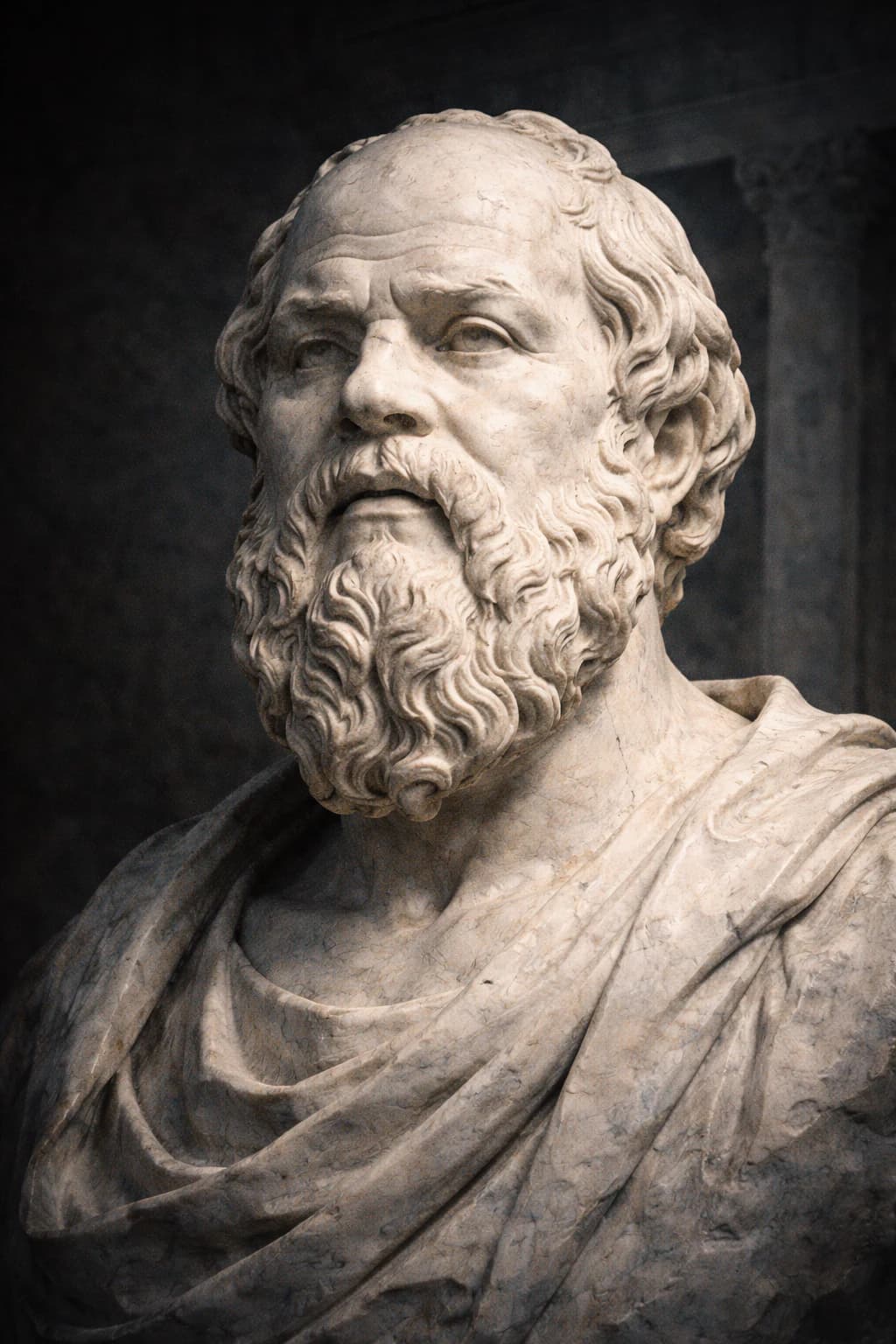 AI-generated portrait of Socrates in ancient Greek attire