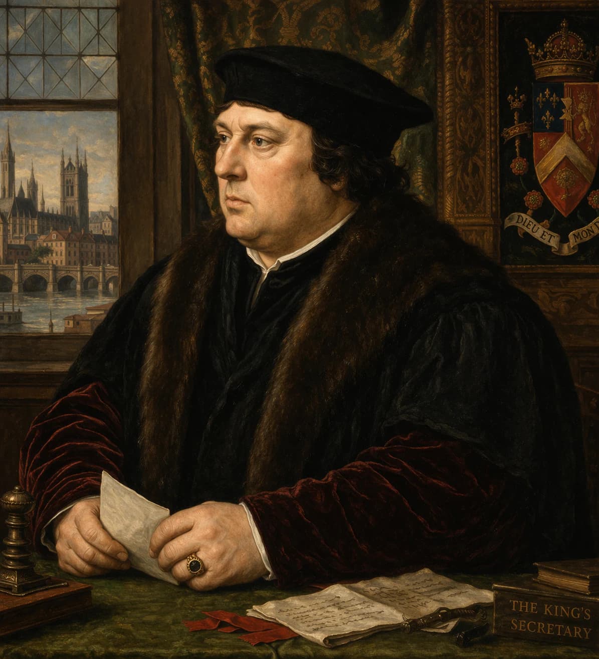 AI-generated portrait of Thomas Cromwell in formal Tudor attire