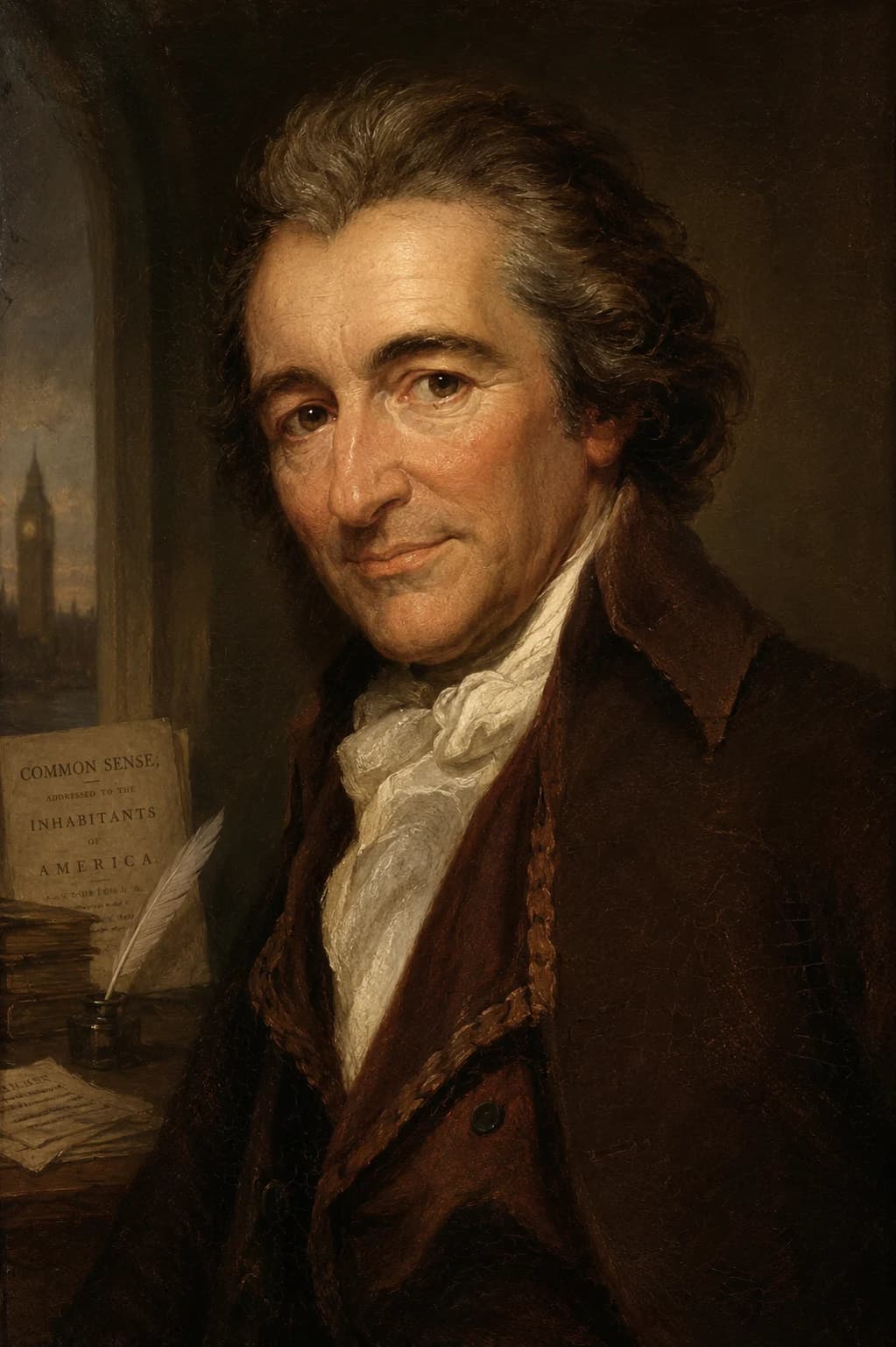 AI-generated portrait of Thomas Paine beside papers and a copy of Common Sense
