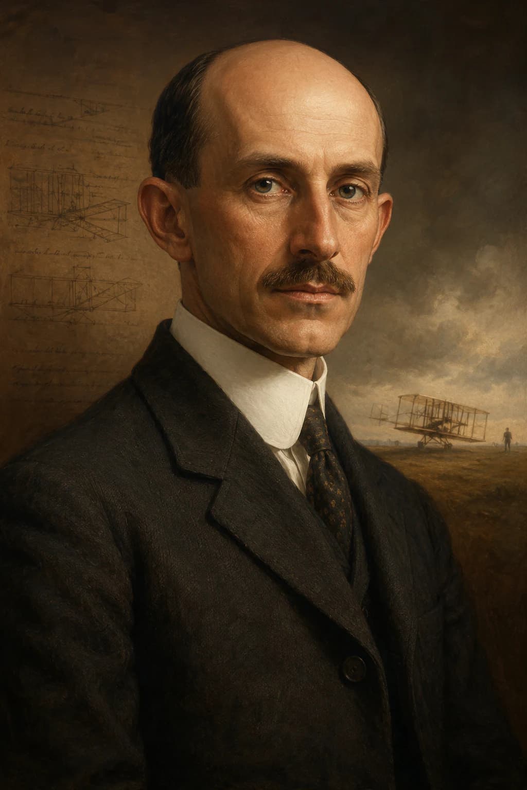 AI-generated portrait of Wilbur Wright with early aircraft in the background