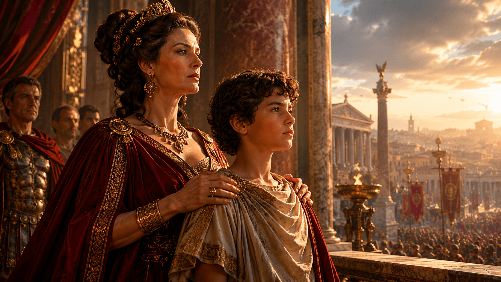 Agrippina the Younger standing beside the young Nero on a Roman palace balcony above the city