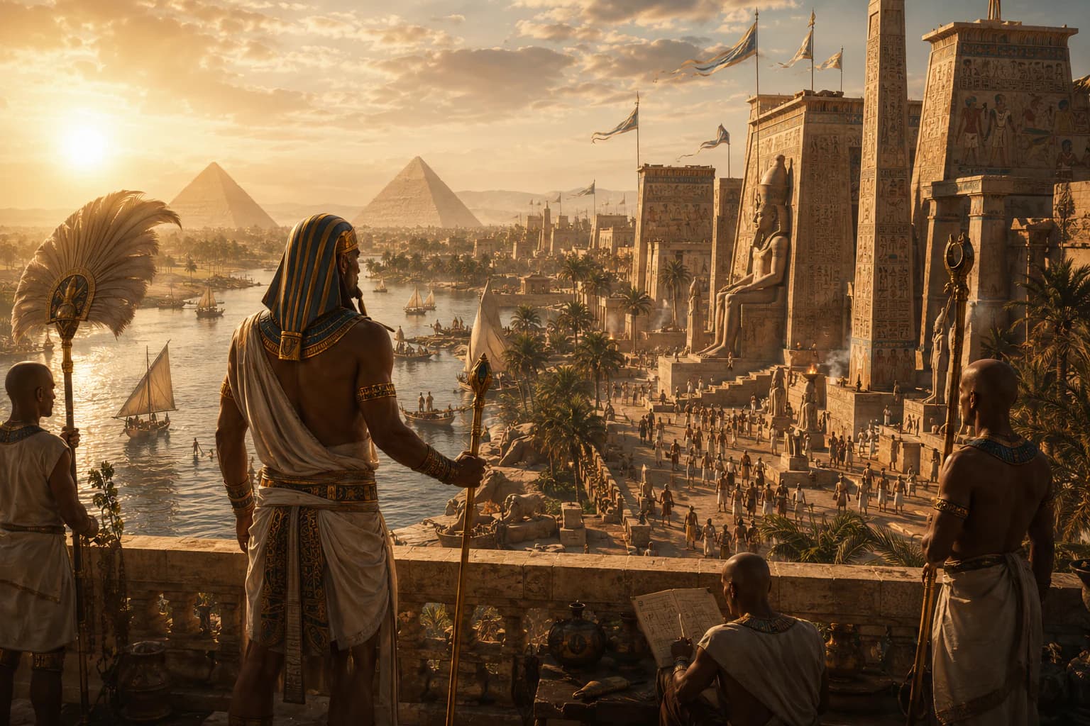 Interpretive illustration of boats and settlements along the Nile in ancient Egypt