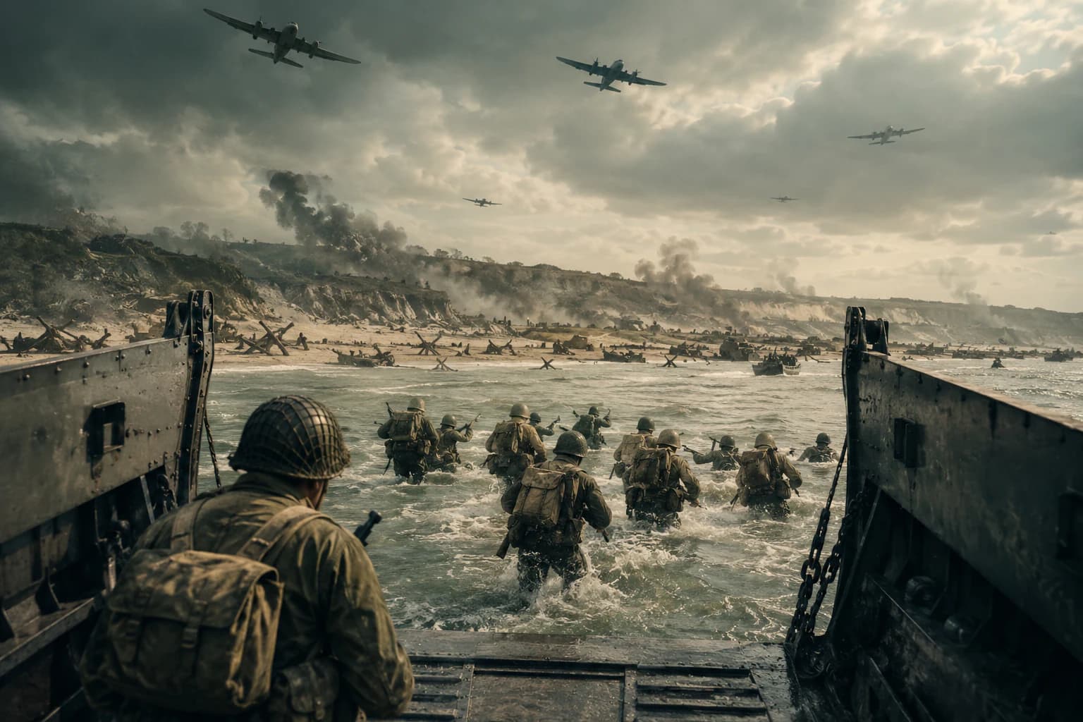 Allied troops landing in Normandy as landing craft open under fire and smoke rises across the coast in June 1944.
