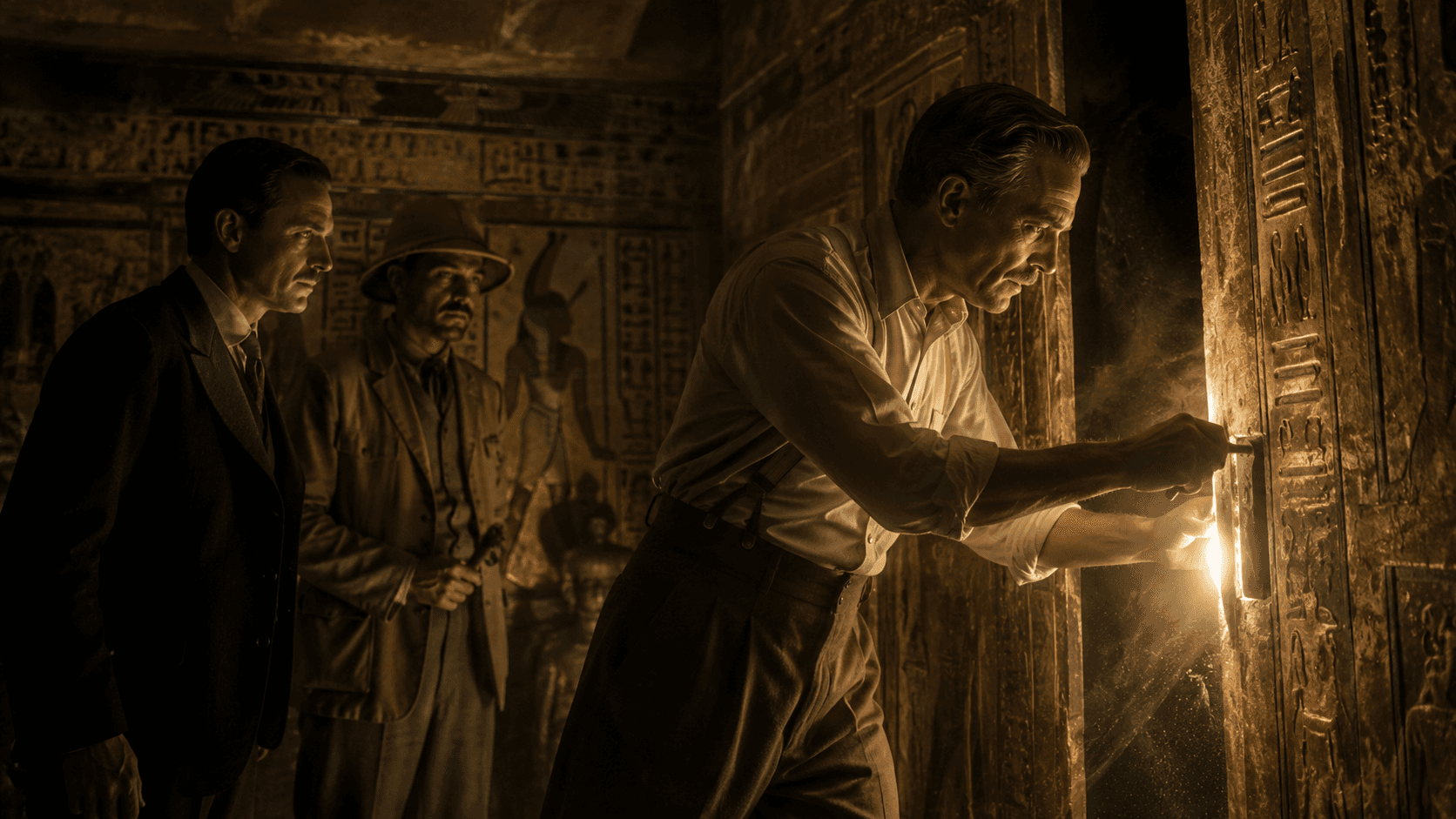 Howard Carter and companions opening a sealed doorway inside Tutankhamun's tomb by candlelight
