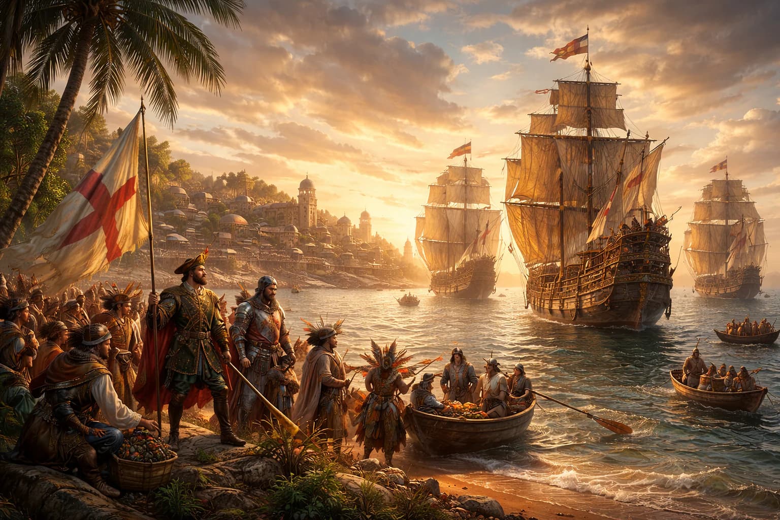 Ocean-going caravels arriving on distant shores during the Age of Exploration