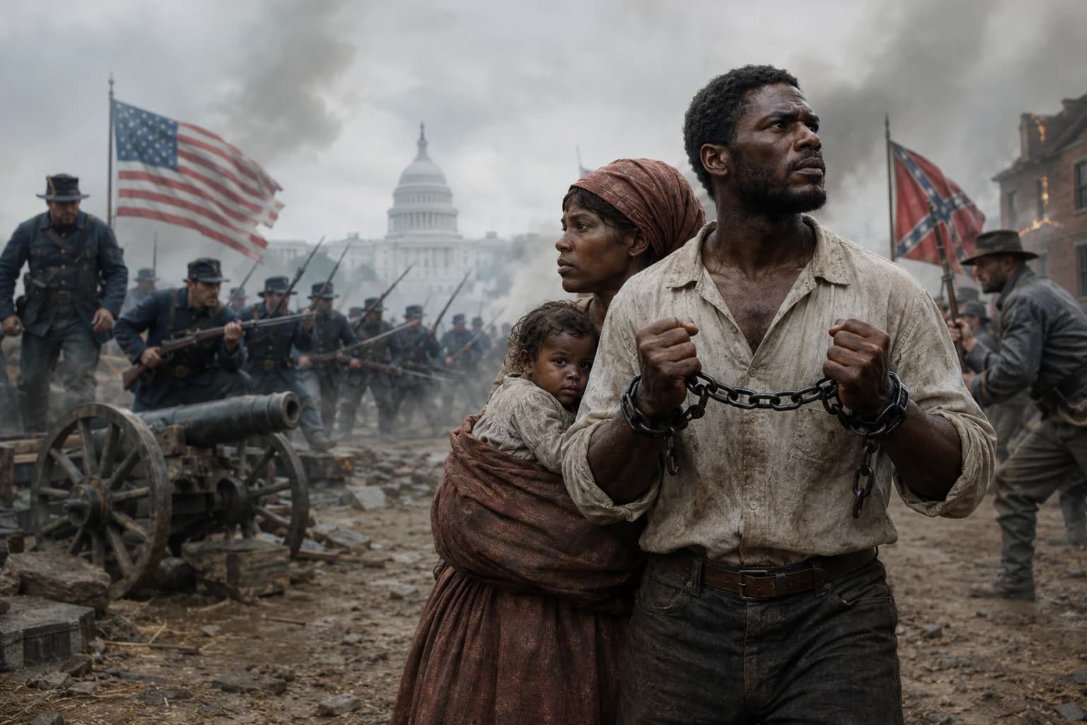 Union and Confederate soldiers advance across a smoky battlefield as enslaved people move toward freedom in the distance.