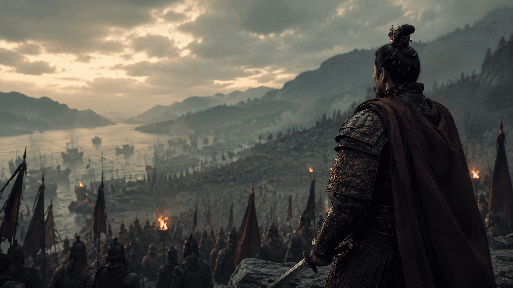 King Wu of Zhou overlooking an army before the Battle of Muye at dawn