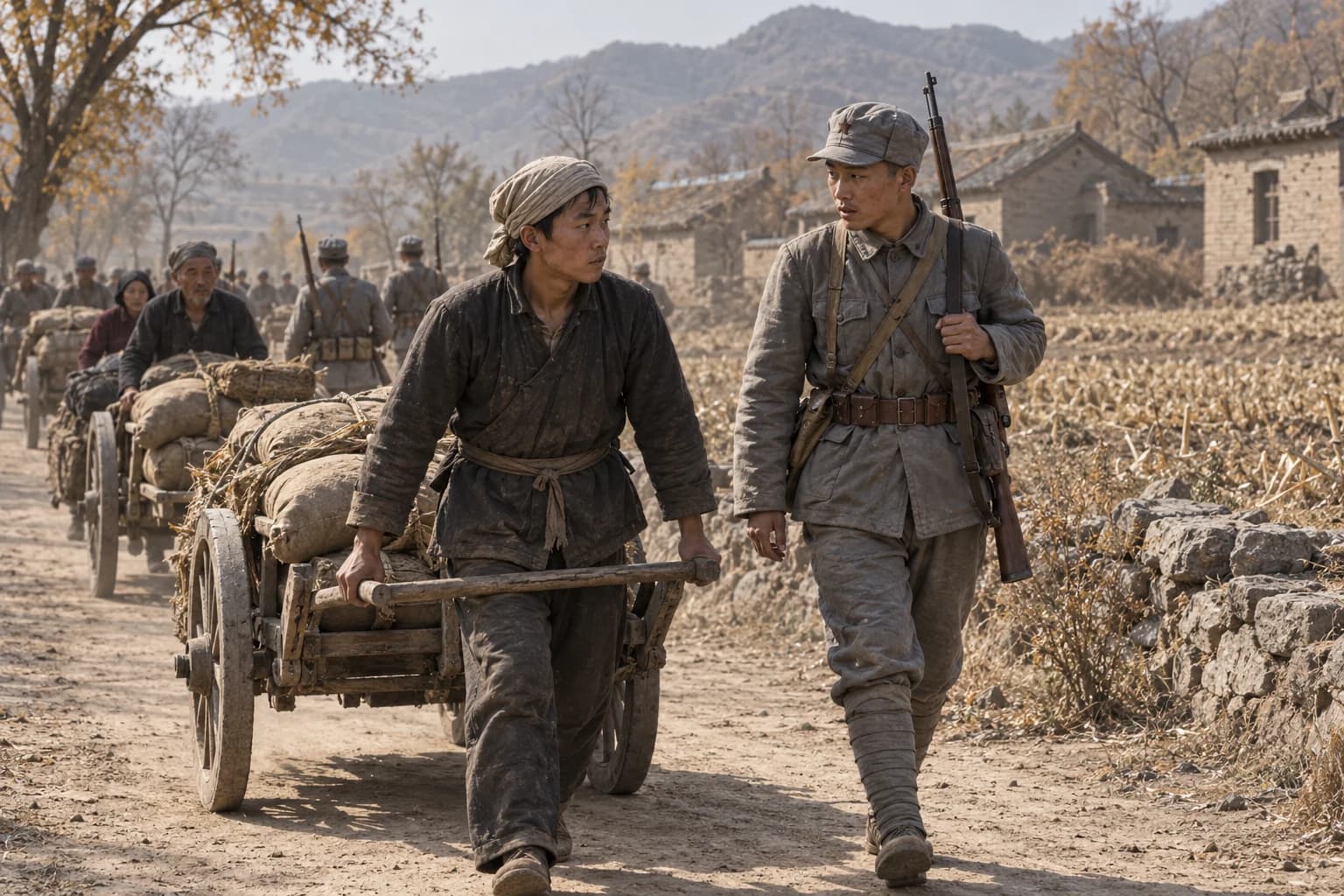 Illustrative reconstruction: anonymous Chinese rural civilians carrying grain supplies beside Communist soldiers in northern China around 1948.