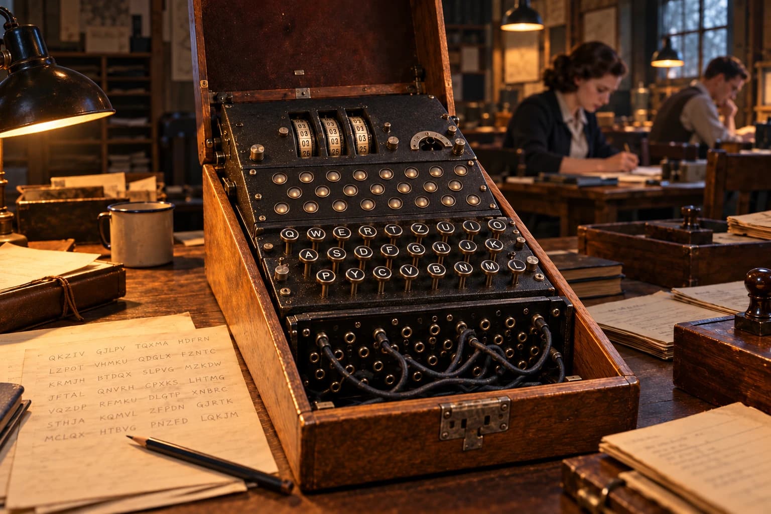 An Enigma machine in its wooden case on a desk, with anonymous wartime analysts studying papers in a Bletchley Park hut.