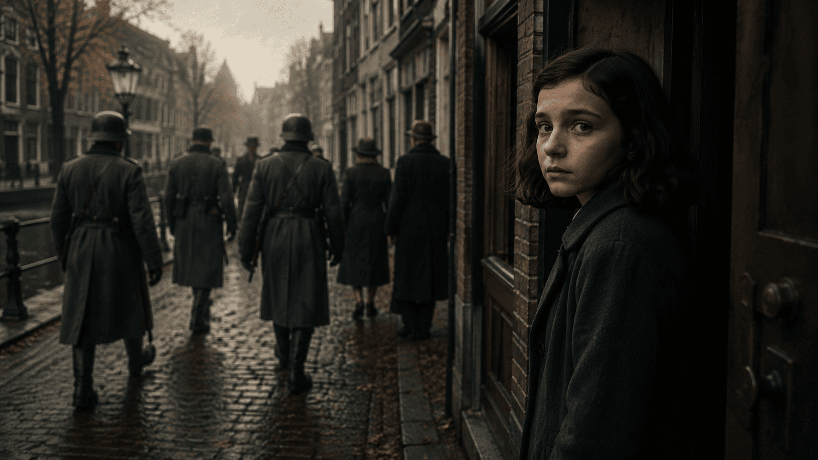 A young Jewish girl standing in a doorway in occupied Amsterdam as soldiers move along a canal street