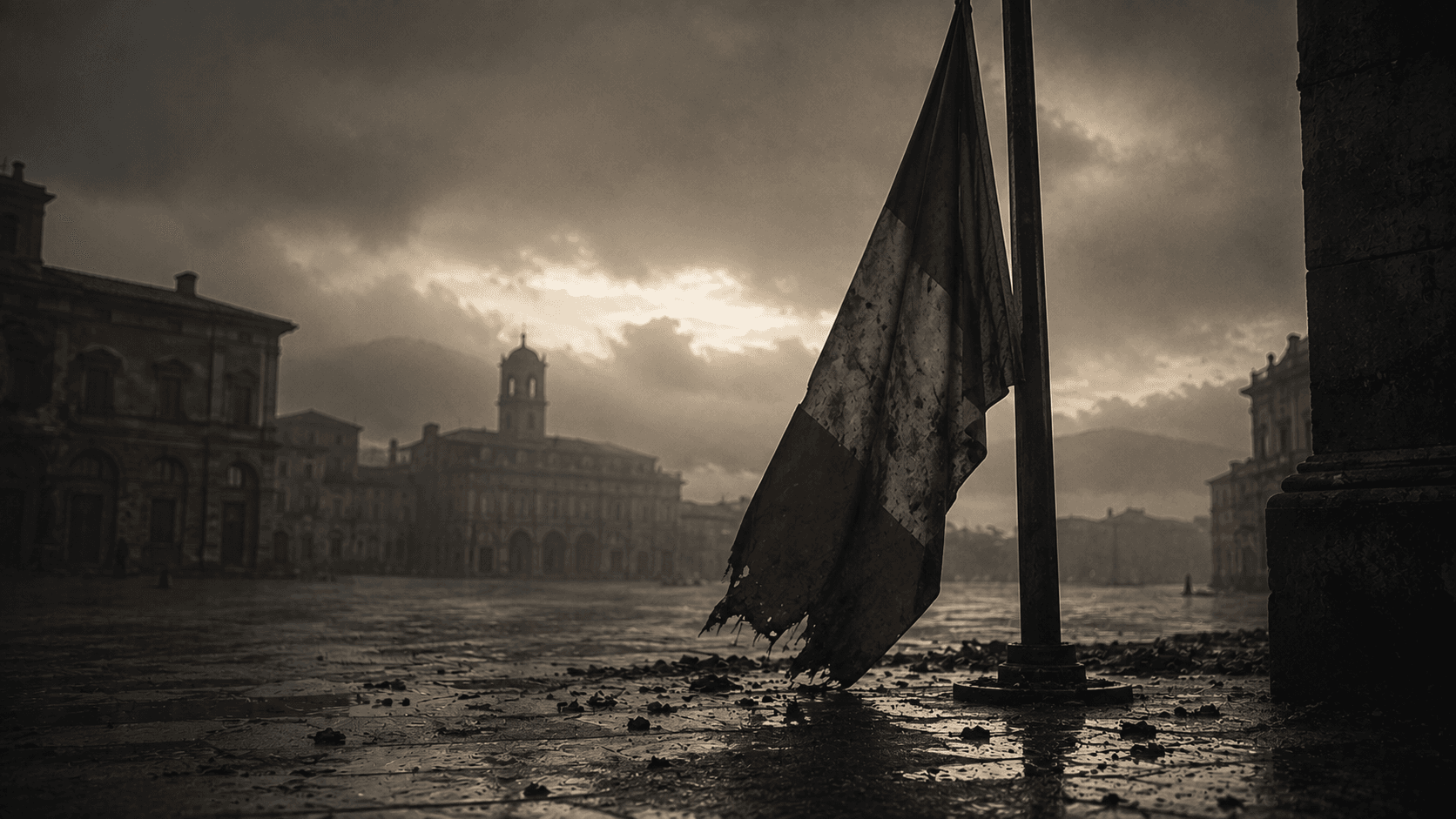 A torn Italian flag hanging in a rain-darkened square after the collapse of Fascist Italy